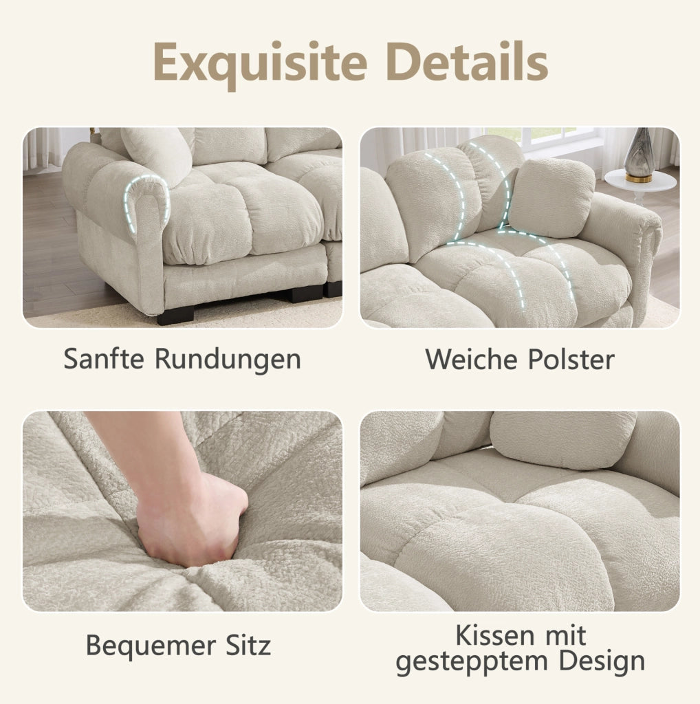 Divano angolare modulare 3 posti in chenille con pouf mobile; 260x149x90 cm; kaki chiaro