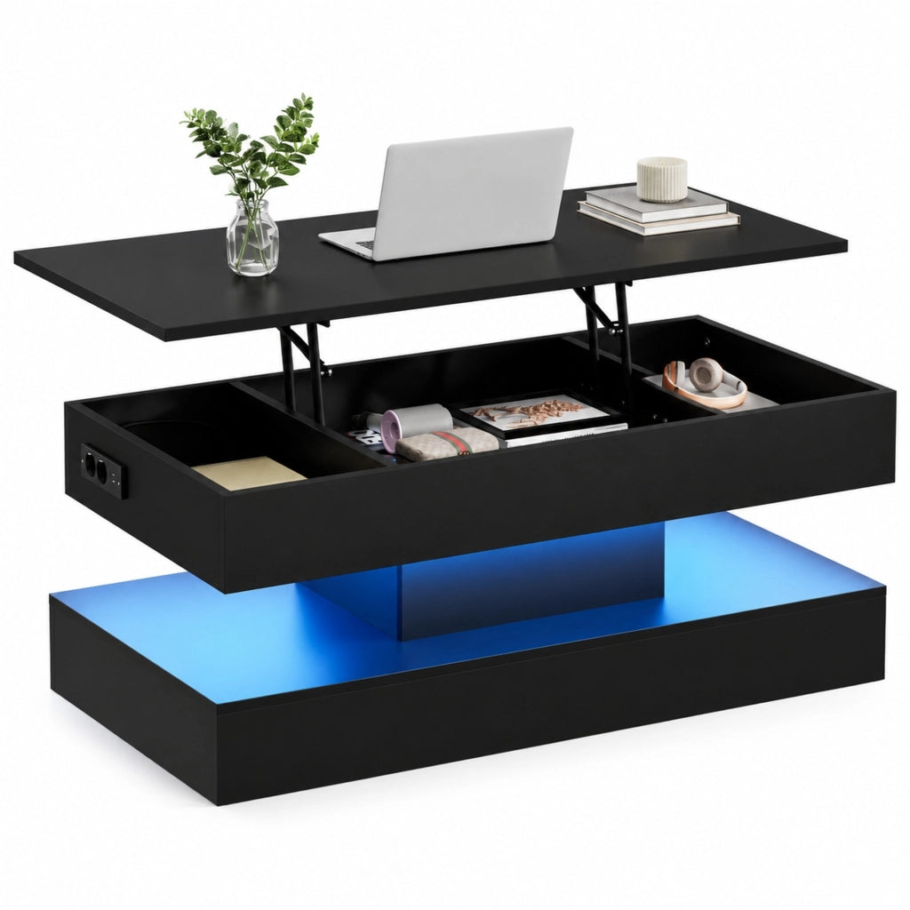 TAVOLINO da caffè alzabile 100x50x42 cm con LED e prese UE nero in truciolare
