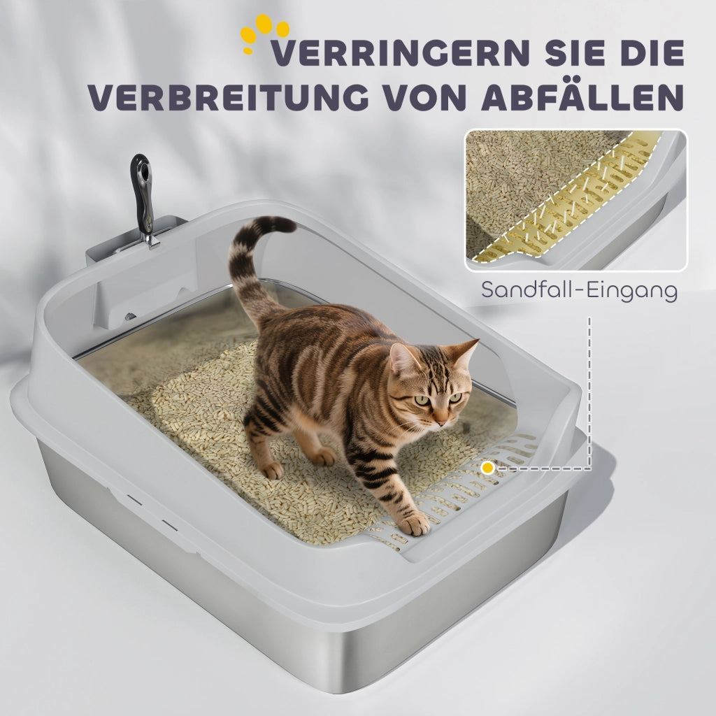 Lettiera per gatti in acciaio inox con bordo alto e paletta ¨C Xylo ¨C 69,8x50,3x29,8 cm grigio