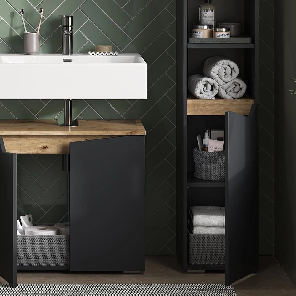 Armadio per il bagno Marelle, Antracite/Artisan, 30 x 180 cm con porte e vani aperti, per la conservazione di articoli da bagno e asciugamani