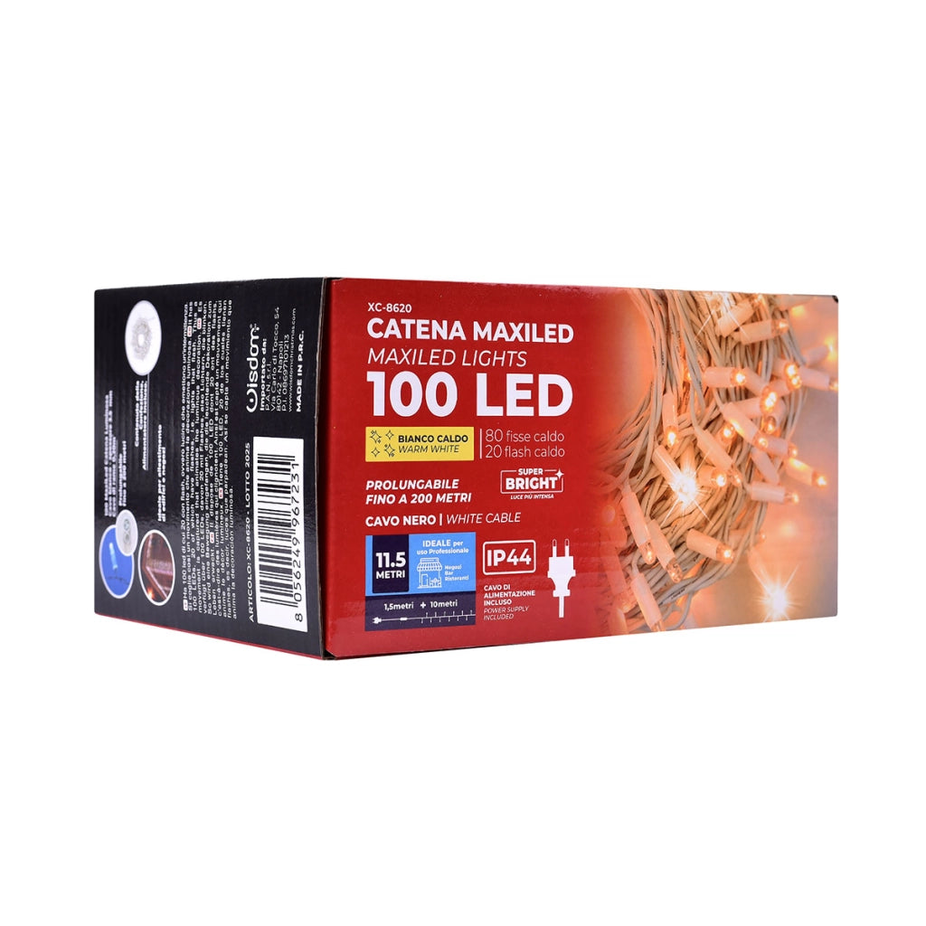 CATENA LUMINOSA PROFESSIONALE 100 MAXI-LED F8 CAVO BIANCO LUCE CALDA FISSA E INTERMITTENTE - 10 METRI PROLUNGABILE ILLUMINAZIONE DECORATIVA DA ESTERNO