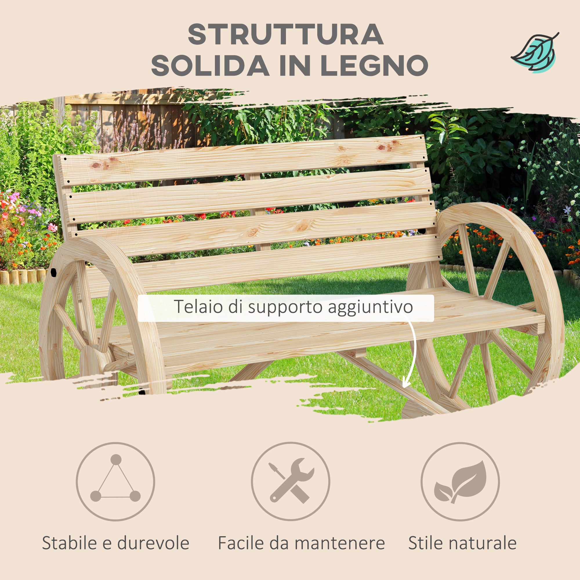 Panchina da Giardino 2 Posti 105,5x56x79 cm con Braccioli a Ruota di Carro in Legno a Doghe
