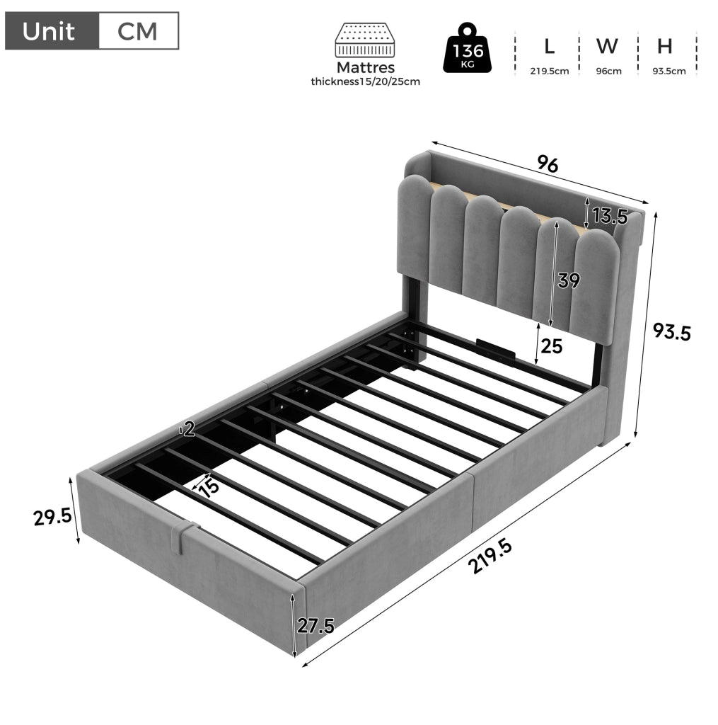 Letto singolo per bambini 90x200 cm in velluto grigio con contenitore; USB; Type-C e luce