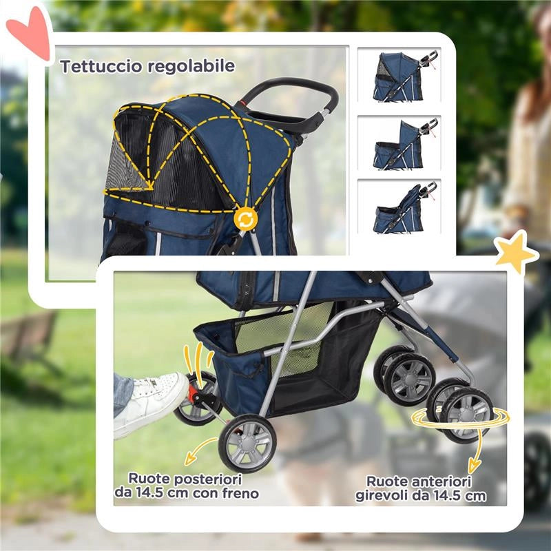 PASSEGGINO PER CANI PIEGHEVOLE CON CESTINO E PORTABICCHIERE PESO MAX 10 KG 75X45X97CM BLU SCURO