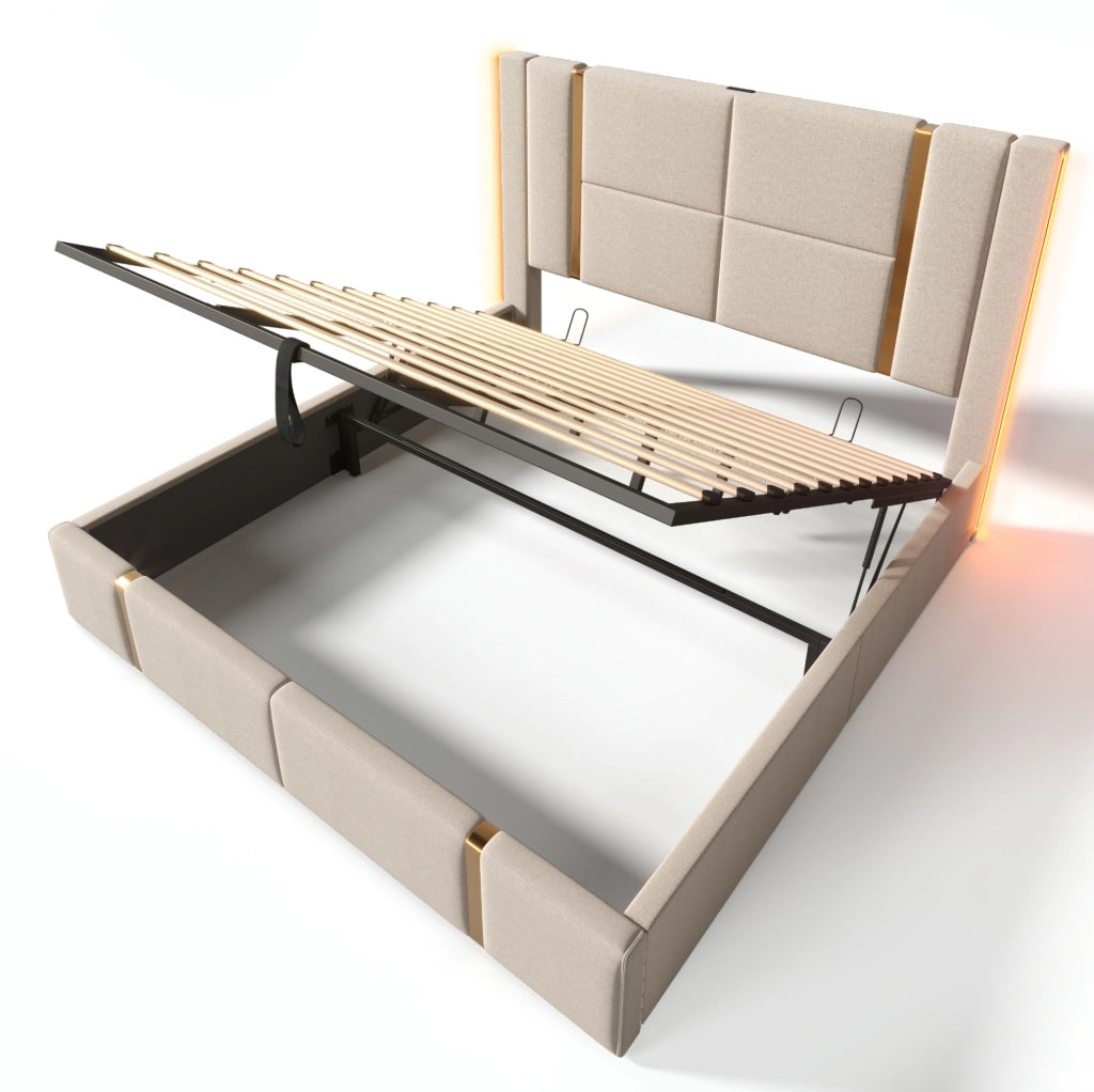 Letto matrimoniale imbottito 180x200 cm beige in lino con LED RGB; USB e Type-C; contenitore