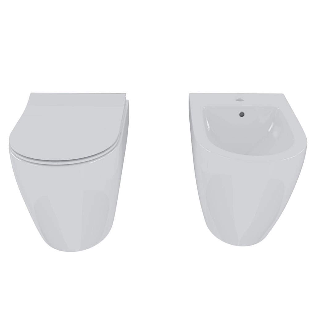 Sanitari Filo Muro Coppia Vaso WC E Bidet In Ceramica Design Moderno Completi Di Copriwater Chiusura Soft Close Ideali Per Arredo Bagno Elegante Colore Bianco Lucido