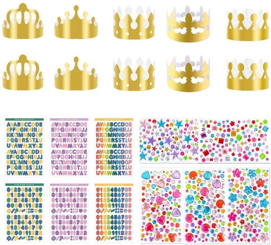 Decorazioni per Feste - 10 Pezzi di Corona di Carta con Foli di Oro - Sticker con Strass - Sticker Alfanumerico - Attività di Creatività per Bambini - Ideale per Feste Tematiche - Corone per Festa d'Onore