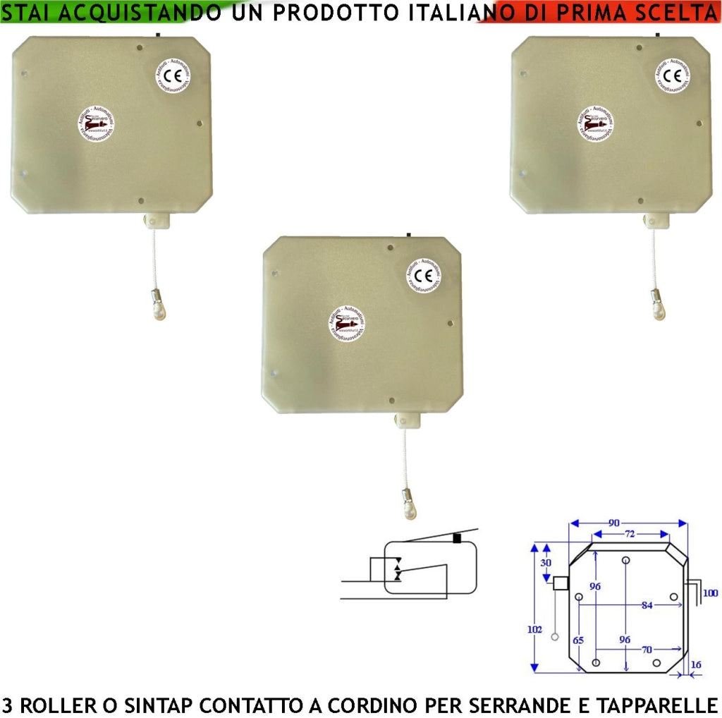 Contatto a Corda 3 Pezzi Antifurto Tapparella o Serranda Contro Taglio Strappo e Sollevamento la Fune in Nylon Scorre su Carrucola in Ottone Roller Impulsi Veloci 4/6 mS Necessita di Conta Impulsi