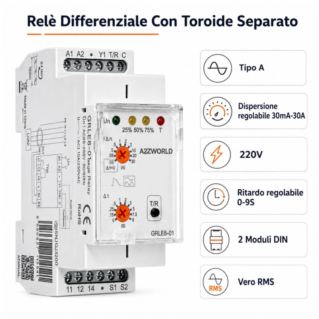 Relè Differenziale Con Toroide Separato, Tipo A Dispersione Regolabile 30mA-30A 220V, Ritardo Regolabile 0-9S, 2 Moduli DIN, Vero RMS