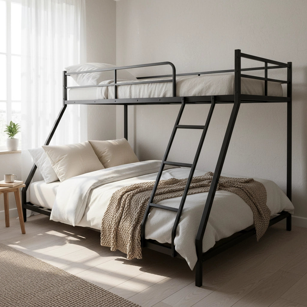 Letto a castello 194 × 84 cm et 194 × 134 cm con scala antiscivolo, barriera di sicurezza, senza materasso, metallo nero