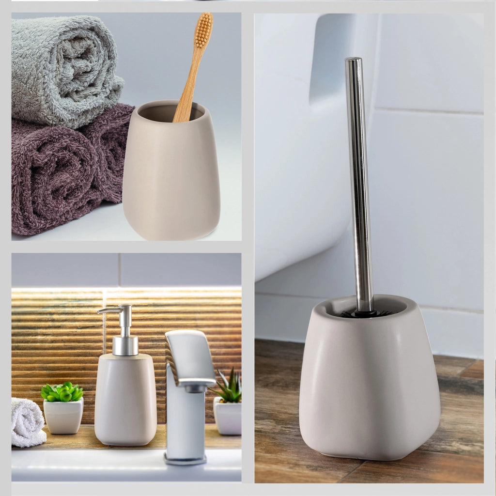 Set da bagno KADAX, set da bagno con dispenser di sapone, spazzolino e bicchiere, beige, 3 in 1