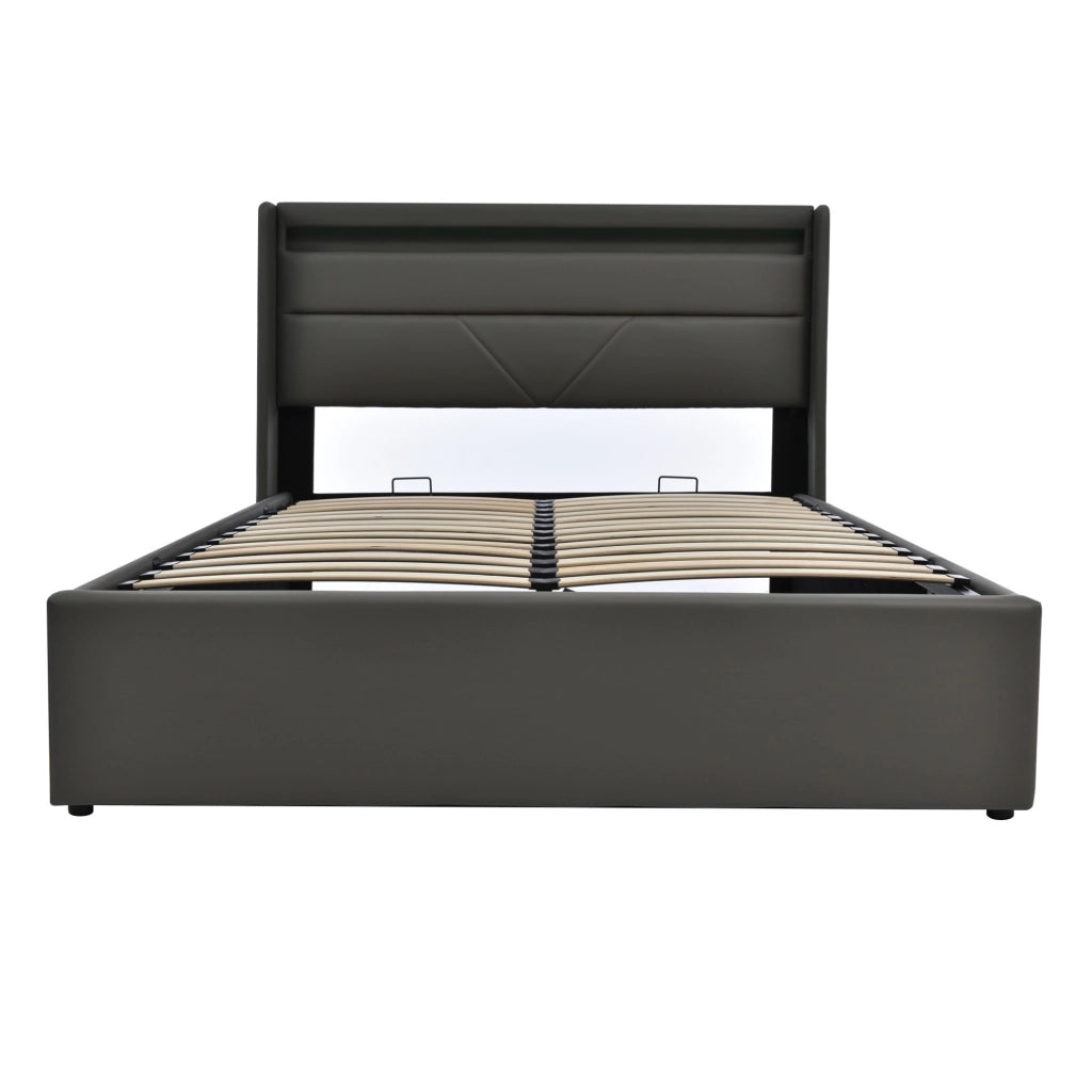 Letto contenitore imbottito 140x200 cm grigio in PU con LED e telecomando