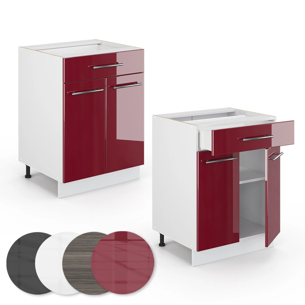 Vicco Mobiletto base per cucina Rosso bordeaux lucido 60 cm con cassetto, senza piano di lavoro