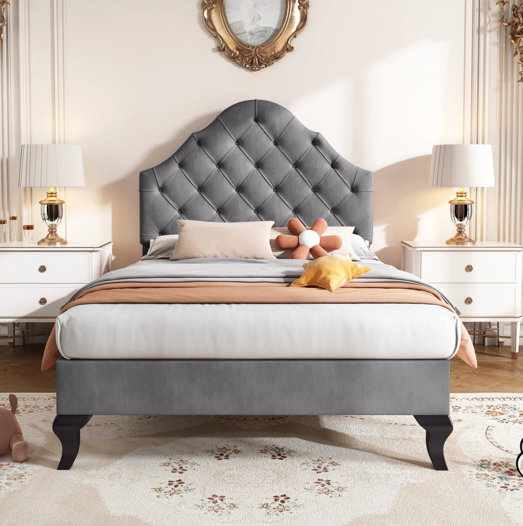 Letto imbottito 90x200 cm in velluto grigio con rete a doghe e testiera