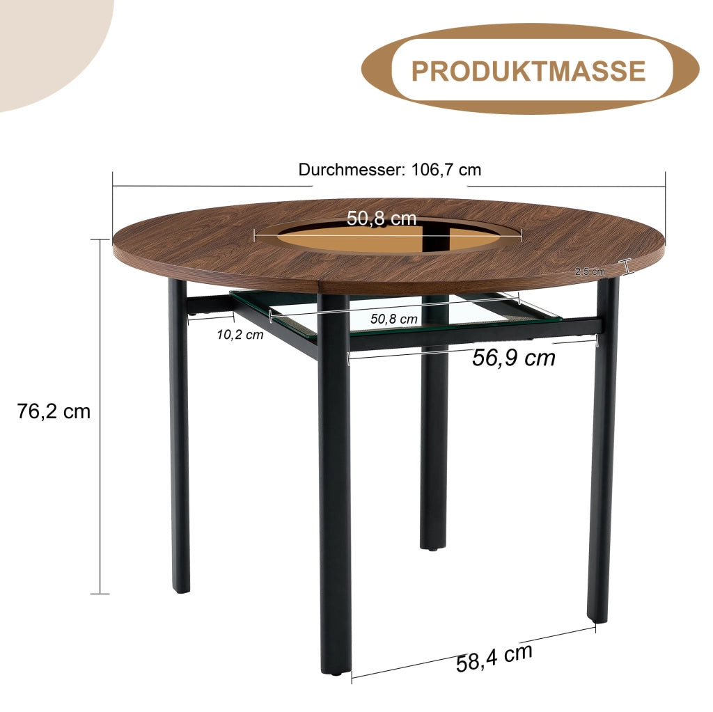 Tavolo da pranzo rotondo 100 cm in MDF marrone, vetro e metallo