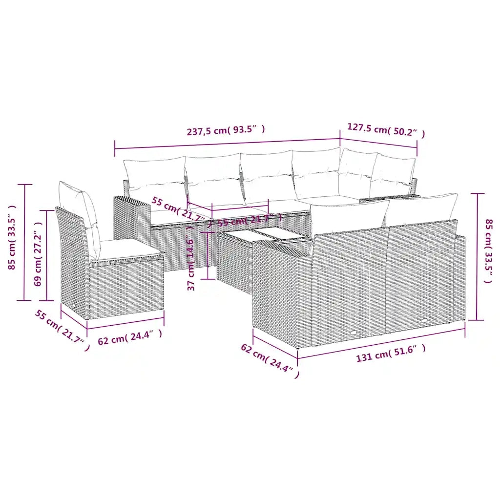 Set Divani da Giardino 9 pz con Cuscini Nero in Polyrattan
