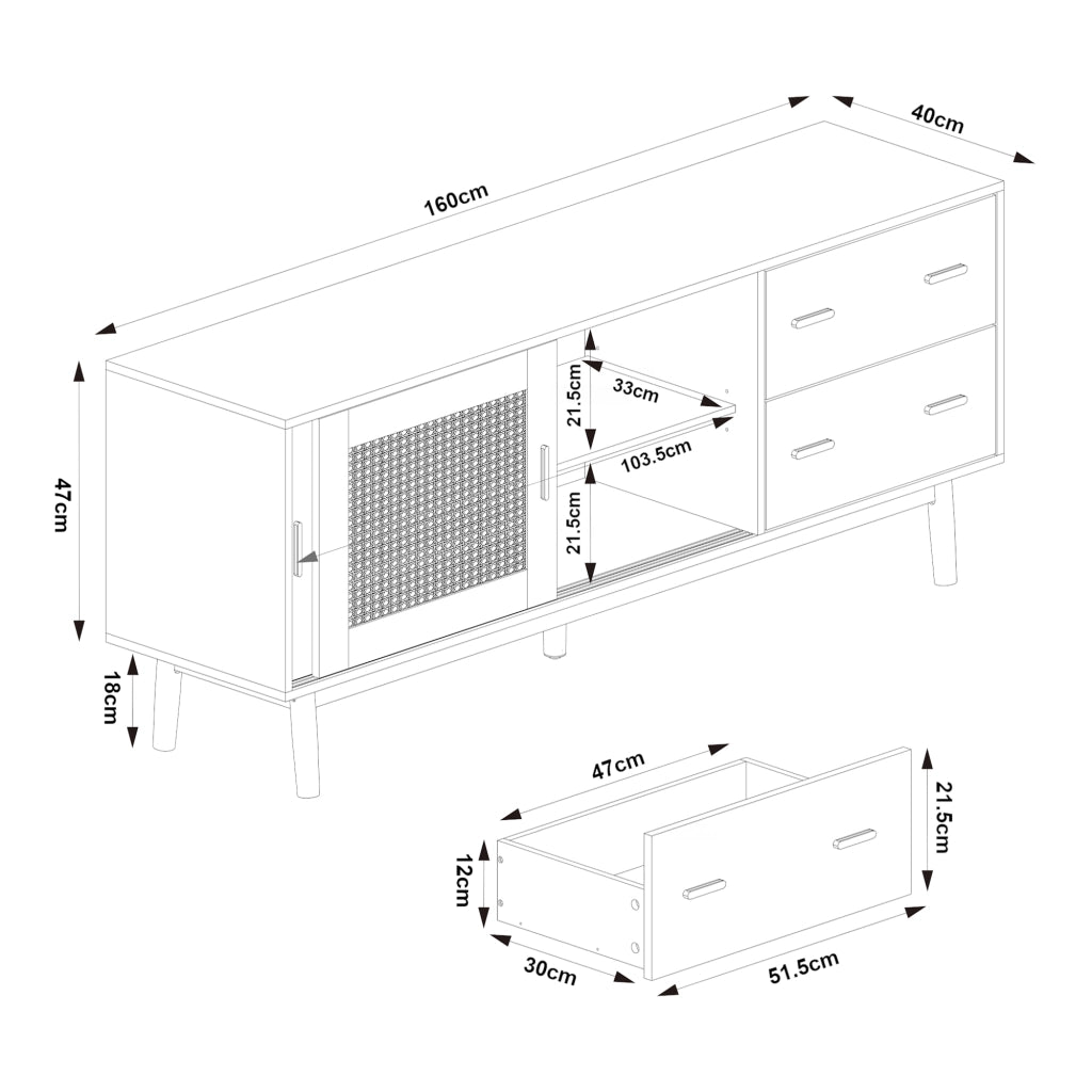Mobile Porta TV Susa con Cassetti e Ante Scorrevoli in Polyrattan 160x40x65 cm Beige [en.casa]