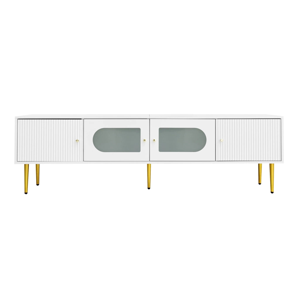 Mobile TV 170 cm bianco con ante scanalate e vetro ad arco