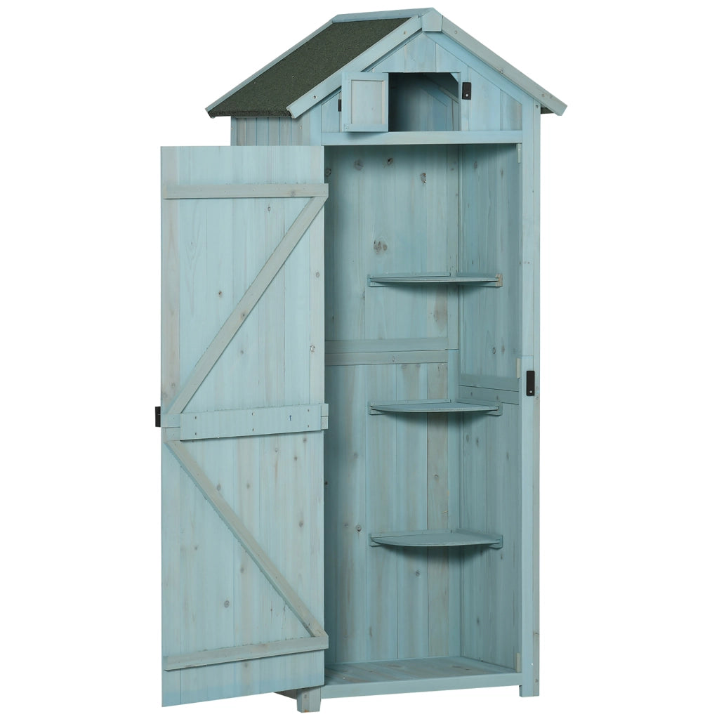 Armadio contenitore da giardino con 3 ripiani removibili e finestra, in legno, azzurro, 77 × 54,2 × 179 cm
