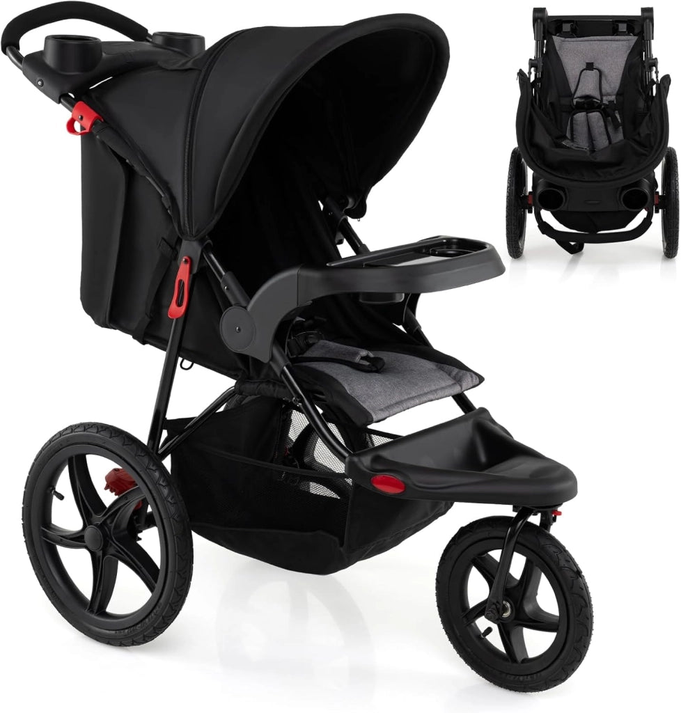 Passeggino Leggero a 3 Ruote, Passeggino Pieghevole con Cappotta Estensibile, Schienale Reclinabile e Portabicchieri, Carrozzina da Jogging per Bambini 0-48 Mesi fina a 22 KG