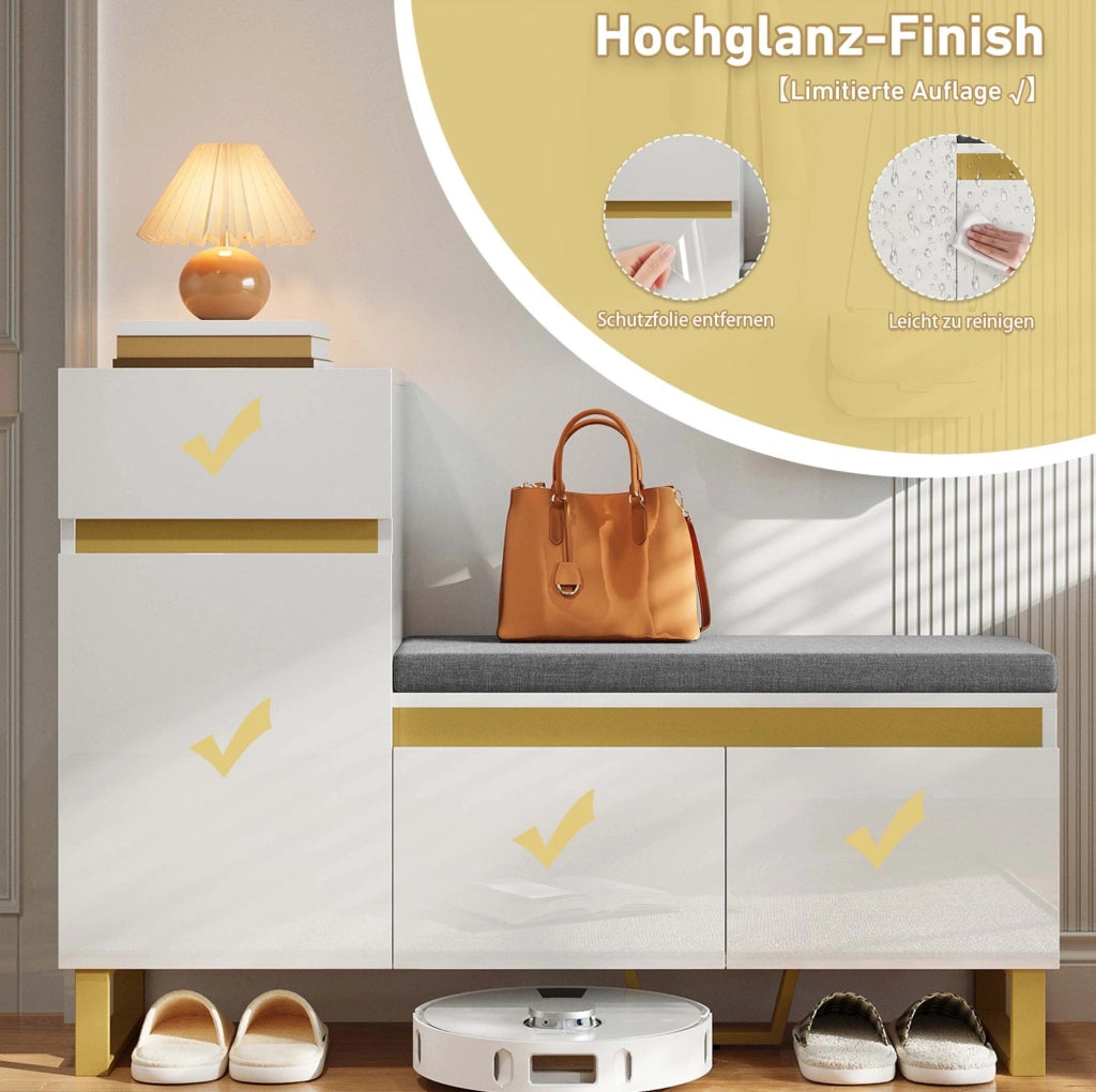 Scarpiera multifunzionale con panca e cassetto 120x35x85 cm in MDF bianco