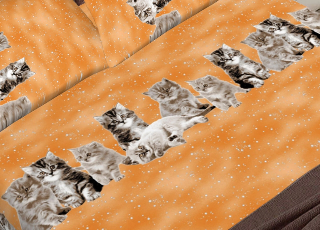Completo Lenzuola Letto In 100% Cotone Made In Italy Vari Disegni C.N - Piazza E Mezza - Gattini Arancio