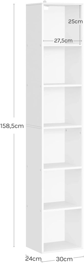 Libreria Verticale a 6 Cubi, Scaffale Alto e Stretto a Colonna, Porta CD e Libri, Mobile Bianco Moderno per Camera, Soggiorno e Ufficio, 30x24x158,5cm SK003ws6