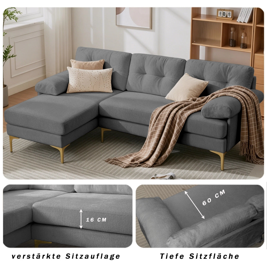Divano angolare reversibile a 3 posti con cuscini imbottiti e braccioli, in legno e chenille grigio