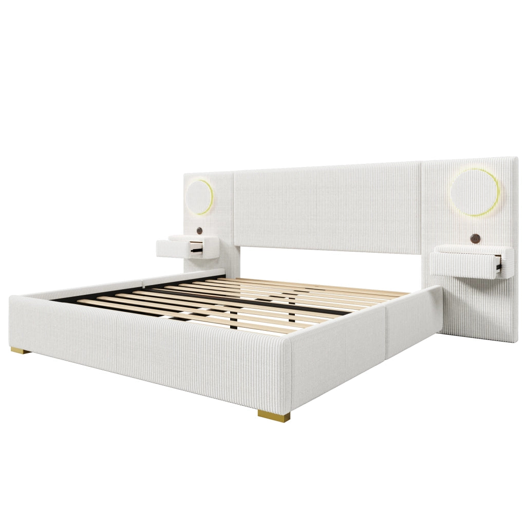 Letto matrimoniale 180 × 200 cm con testiera LED, porte USB e comodini con cassetti, senza materasso, beige