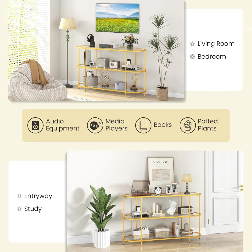 Mobile TV Soggiorno a 3 Ripiani, Mobiletto TV Multifunzione in Metallo per TV fino a 65”, Tavolo Consolle con Mensole in Vetro Temperato e Piedi Regolabili per Camera da Letto, Giallo Senape