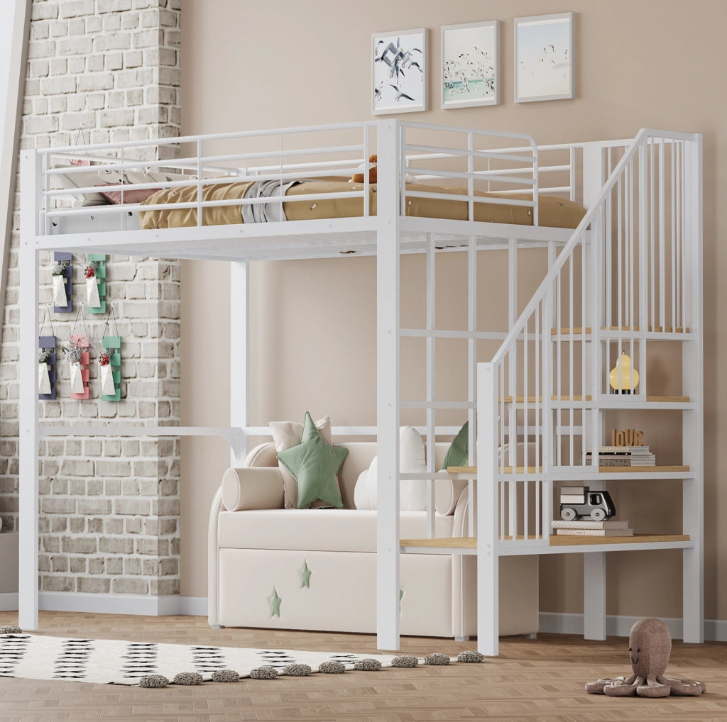 Letto a soppalco 140x200 cm con contenitore e scala in metallo e legno bianco