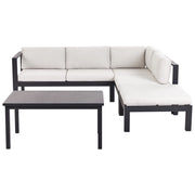 Set da giardino divano 5 posti e tavolo elevabile con struttura bianca e piano in vetro e cuscini nero e bianco sporco stile moderno scandinavo