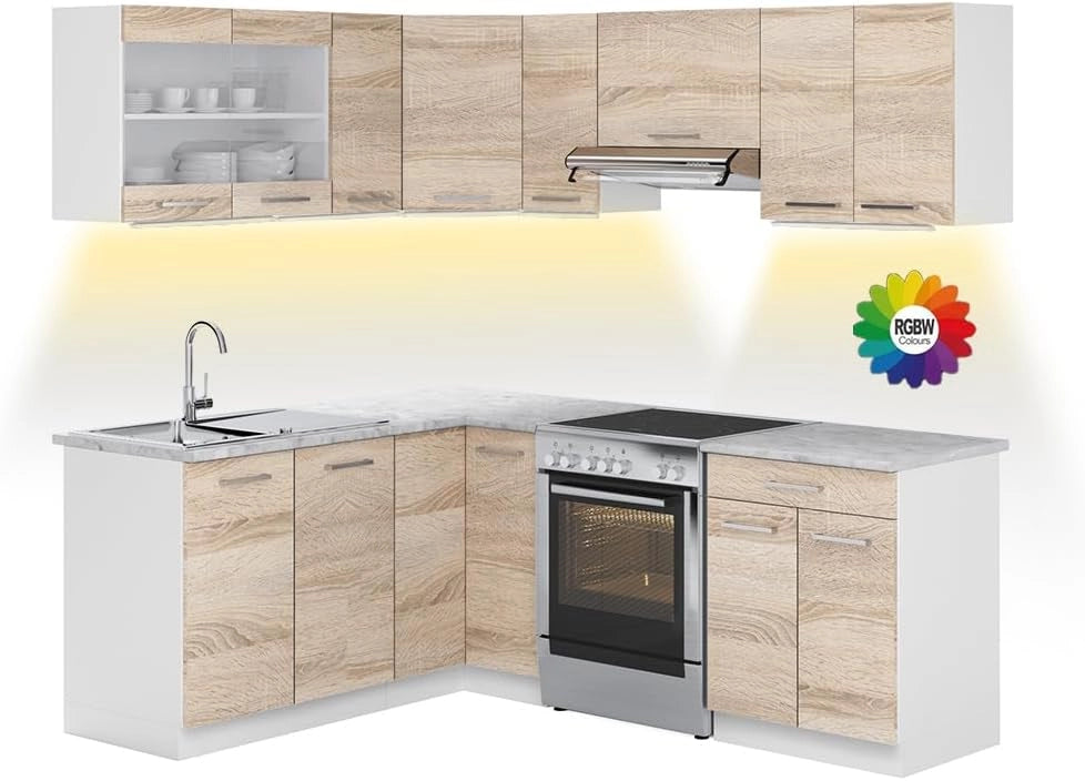 Cucina ad angolo Rick, Bianco/Sonoma, 210 x 60 cm, PL Marmo, per disposizione flessibile ed espansione personalizzata