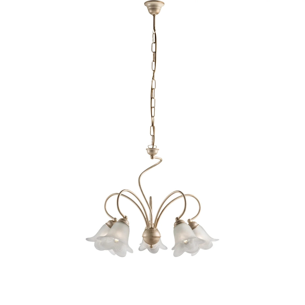 Lampadario 5 Luci Alice Ferro Battuto Avorio E Oro Vetro Bianco
