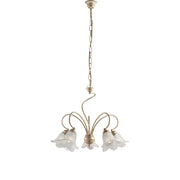 Lampadario 5 Luci Alice Ferro Battuto Avorio E Oro Vetro Bianco