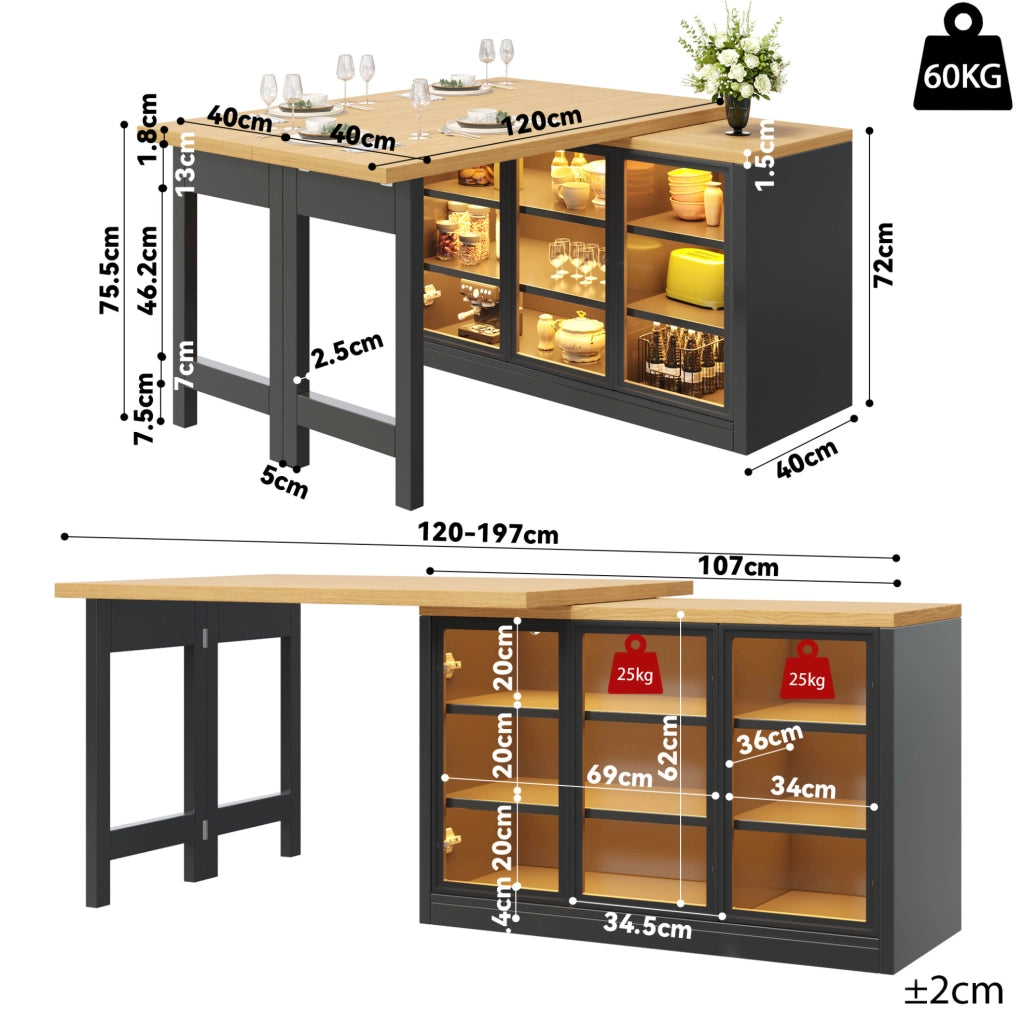 Tavolo da pranzo estensibile 120-197 cm nero MDF e vetro; mobile laterale