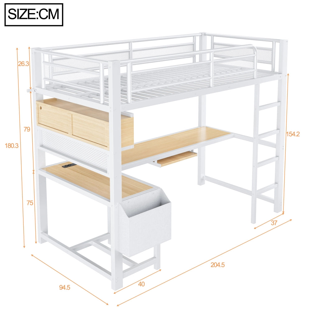 Letto a soppalco 90x200 cm con scrivania; LED e presa di ricarica in MDF e metallo bianco