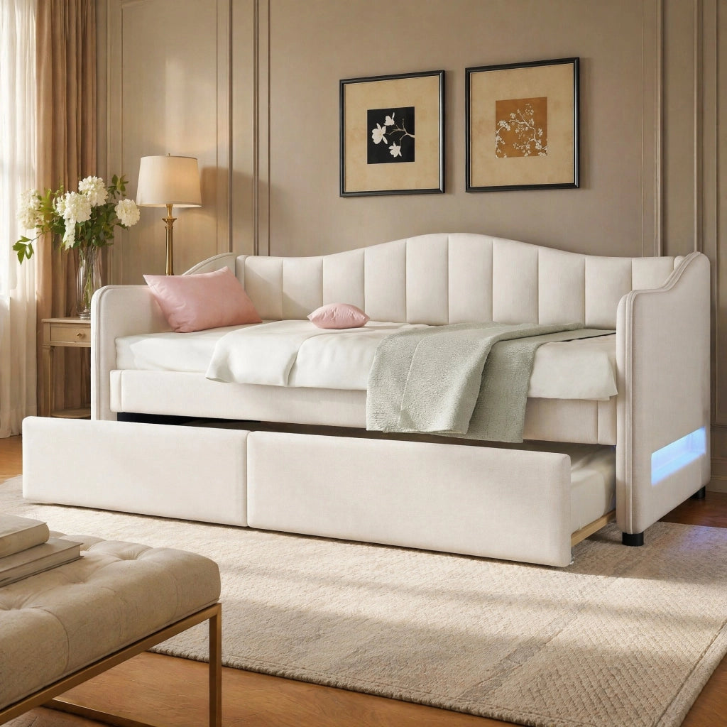 LETTO 90x200 cm con letto estraibile in lino beige senza materasso