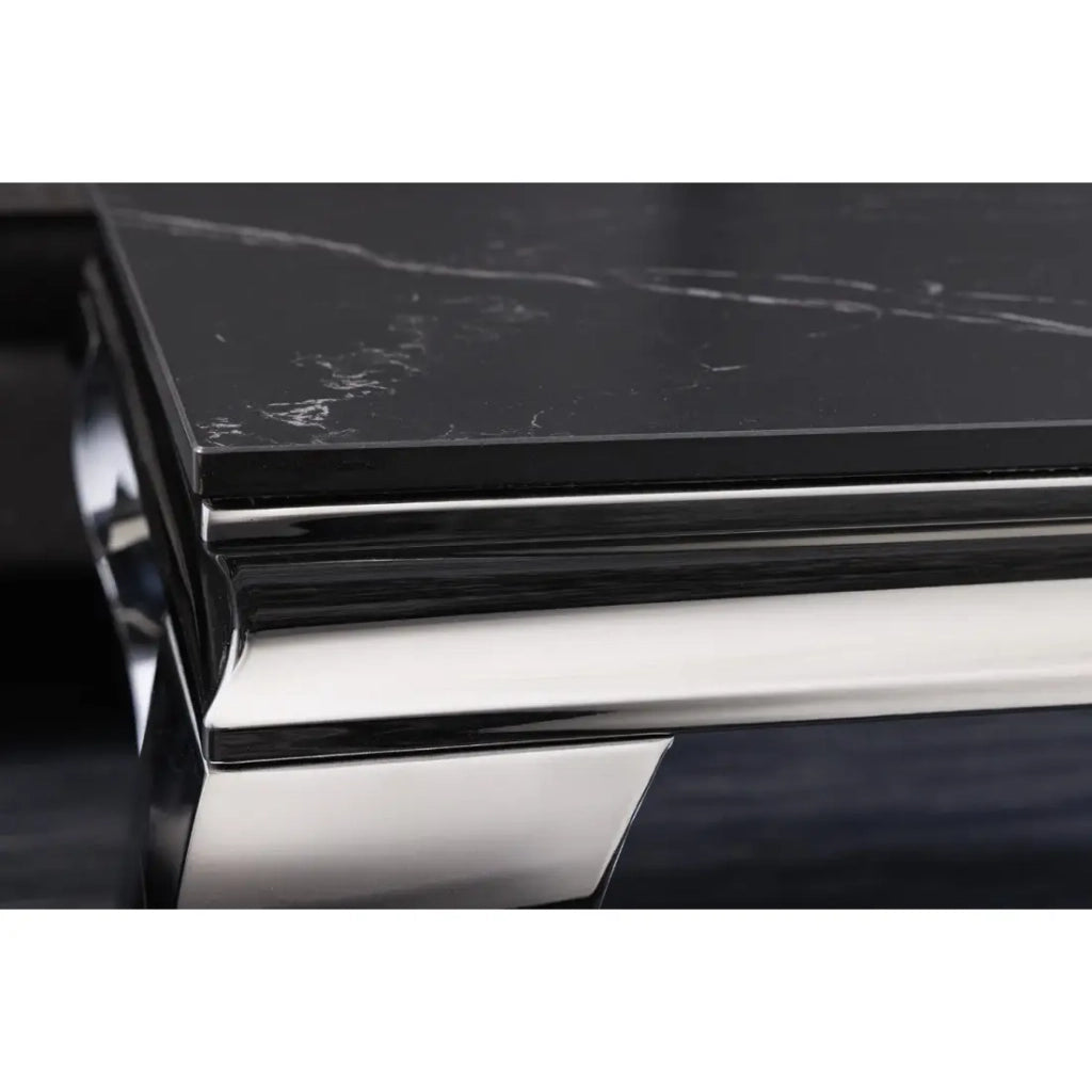 Tavolino basso VELENA 100 cm effetto marmo nero in pietra sinterizzata – Gambe curve argentate