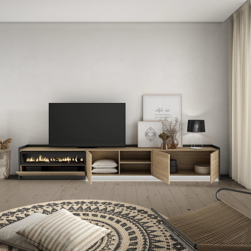 Mobile TV Soggiorno, 310x50x37 cm, Per TV fino a 80", Camino elettrico, LED, Rovere e nero