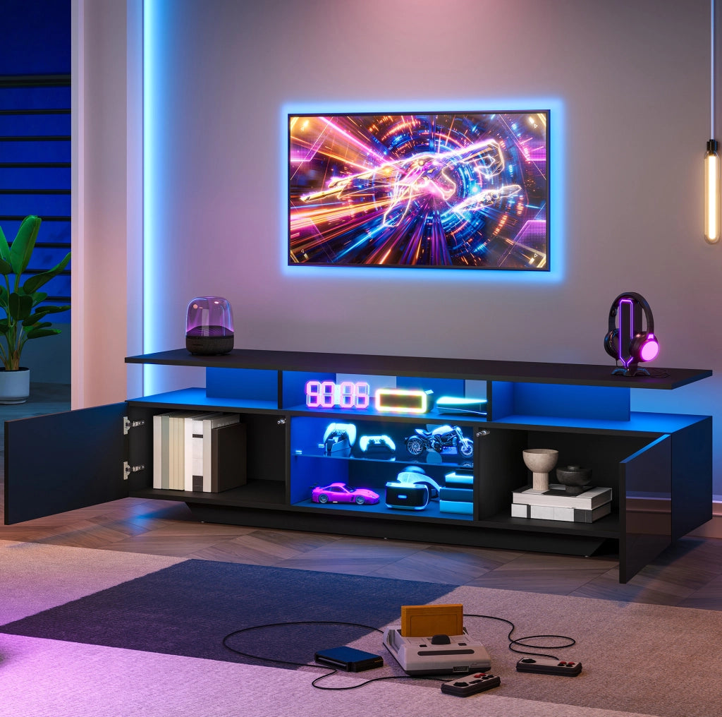 Mobile TV nero con LED controllabile via app, 160x40x45 cm, 2 ante e 8 ripiani