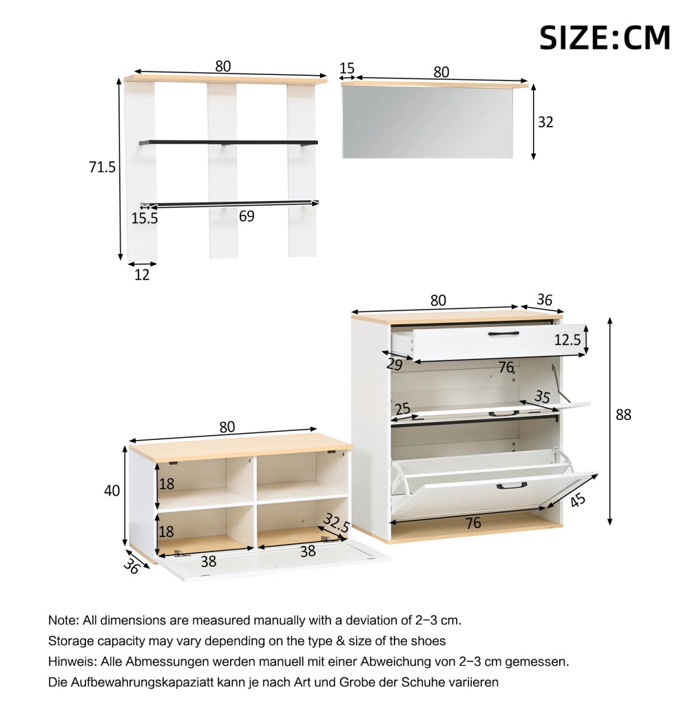 Set guardaroba modulare con scarpiera, specchio e appendiabiti, 156 x 36 x 176 cm