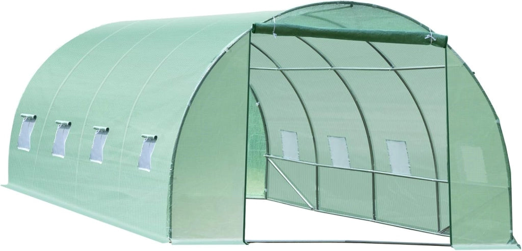 Serra per Piante a Tunnel, Serra per Orto da Esterno con Porta Avvolgibile e 8 Finestre, 6x3x2 m, in Acciaio e PE, Verde