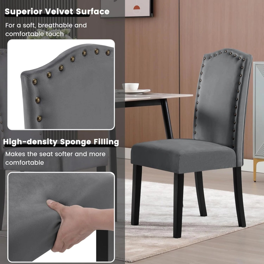 Sedie da Cucina Set da 6, Sedie per Sala da Pranzo con Schienale Alto e Gambe in Legno Massello, Sedie Imbottite per Salotto, Decorazione con Rivetti, in Velluto, Grigio scuro, BH385dgr-6