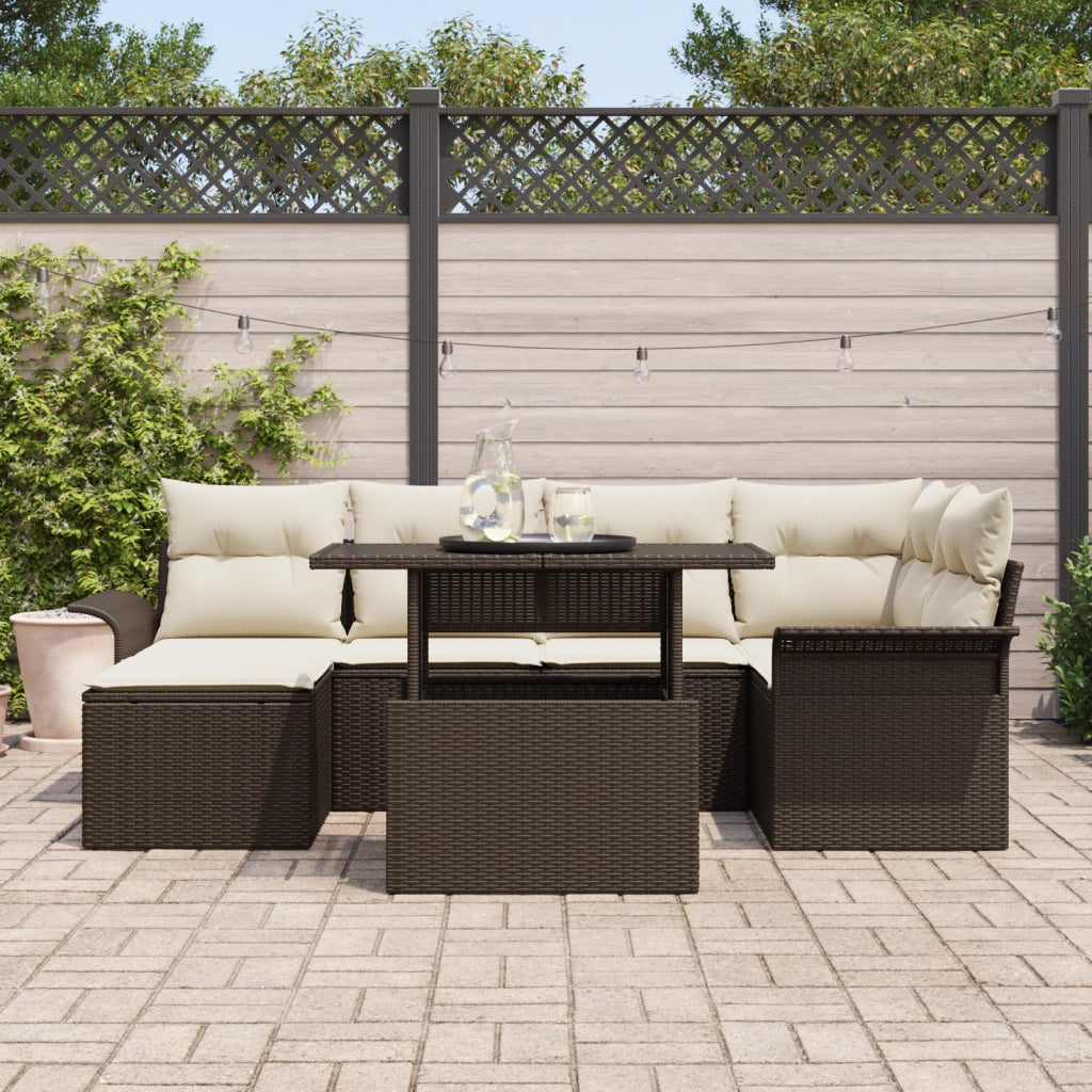 Set Divano da Giardino 7 Pezzi con Cuscini Marrone Rattan