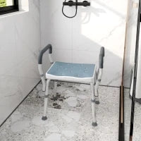 Sgabello per Doccia Regolabile con Braccioli e Fori di Drenaggio, in Alluminio, HDPE e EVA, 52x45x57-69 cm
