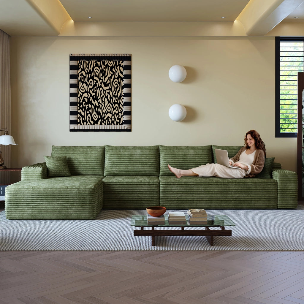 Divano ad angolo modulare con chaise longue e schiuma ad alta elasticità senza montaggio in tessuto verde