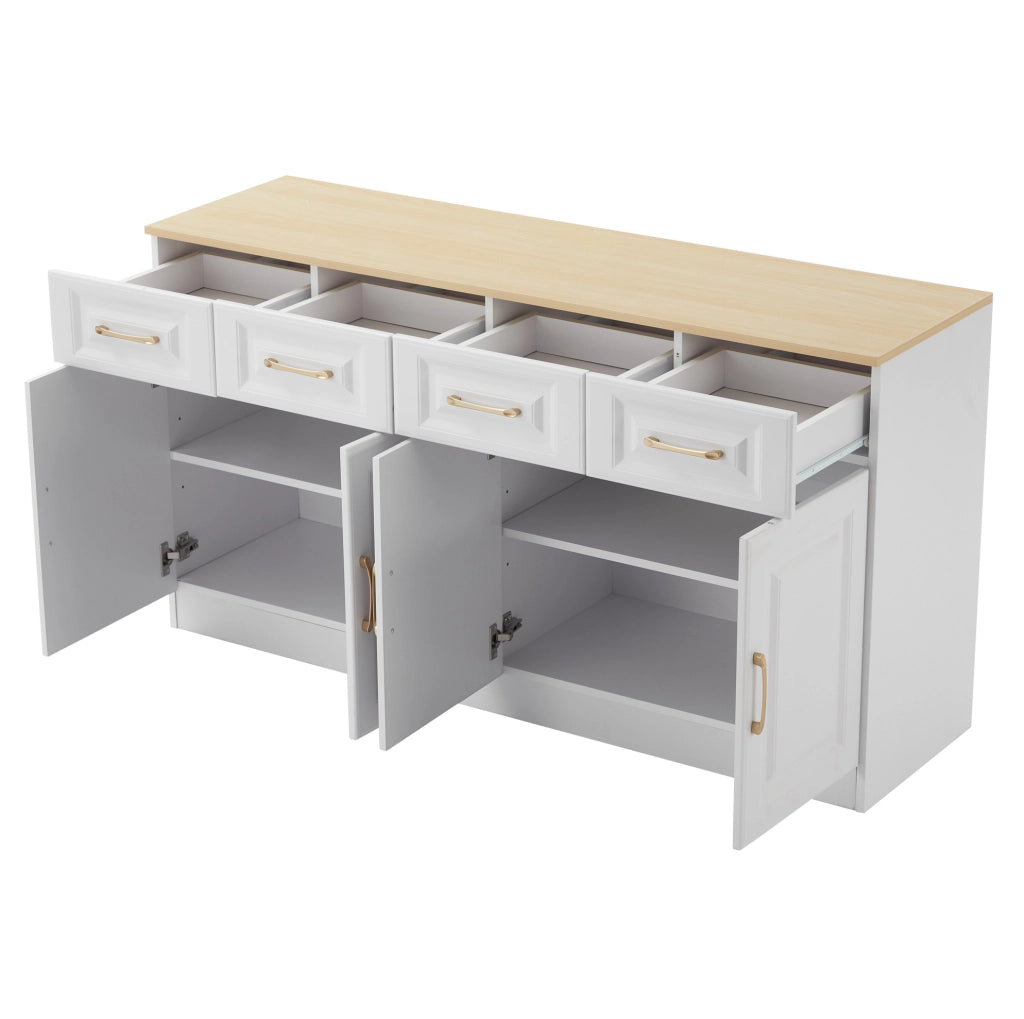 Credenza 140 cm con 4 cassetti e 4 ante in truciolare bianco e rovere
