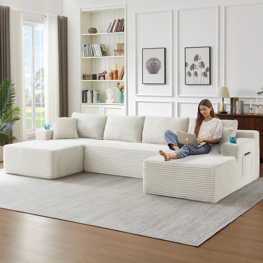 Divano modulare a U per soggiorno con seduta profonda e supporto ergonomico senza montaggio in velluto a coste beige