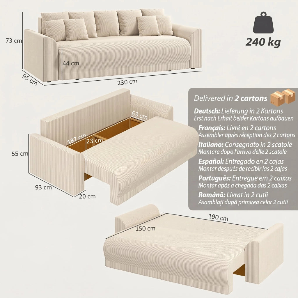 Divano letto 3 posti con cuscini e cassetti ¨C Xylo ¨C Beige, tessuto, 230 cm